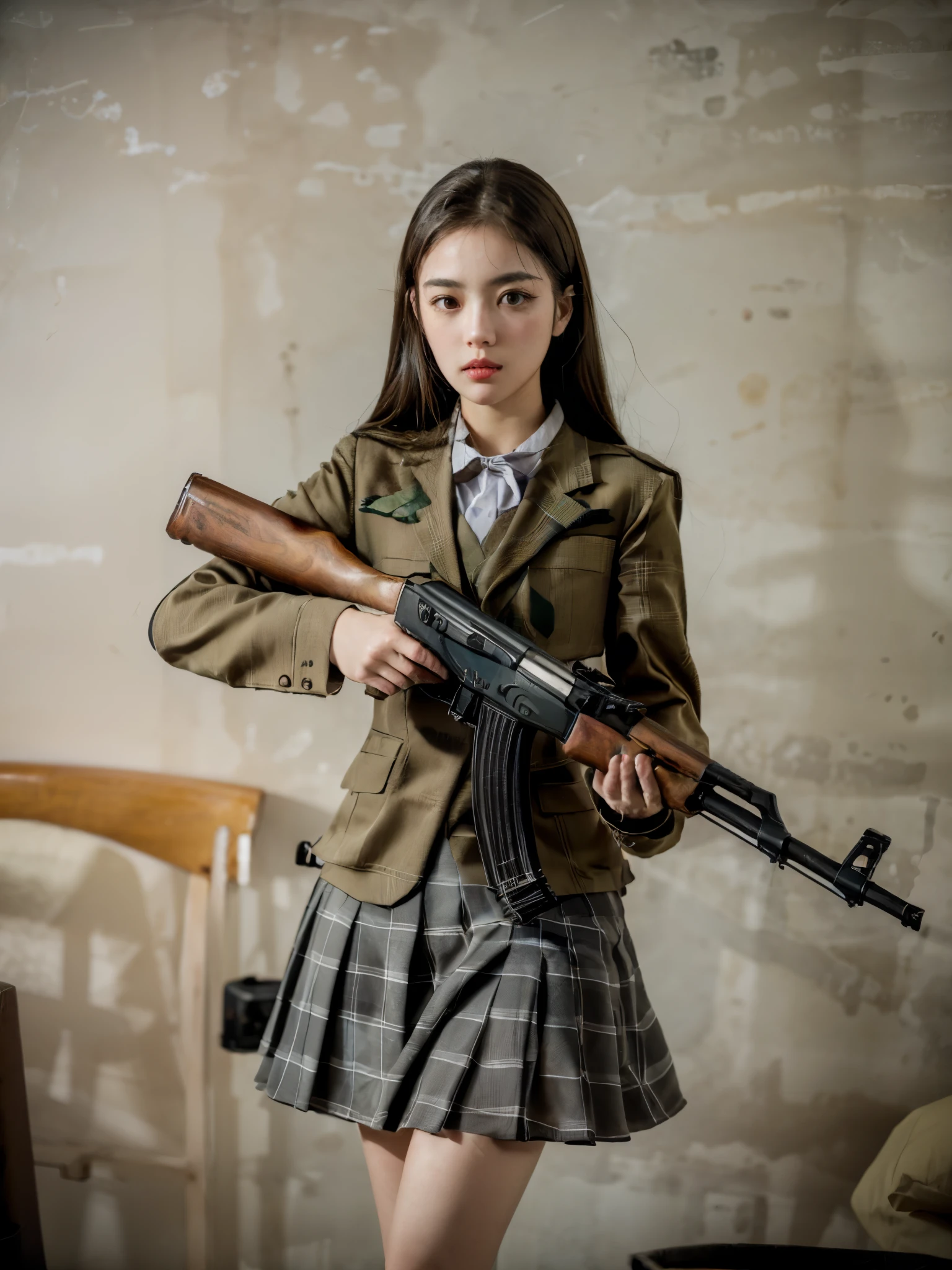 masterpiece, best quality, high resolution, extremely detailed CG,  1girl, school uniform, holding gun, , akm, assault rifle, kalashnikov rifle, (aiming:1.2), finger on trigger,