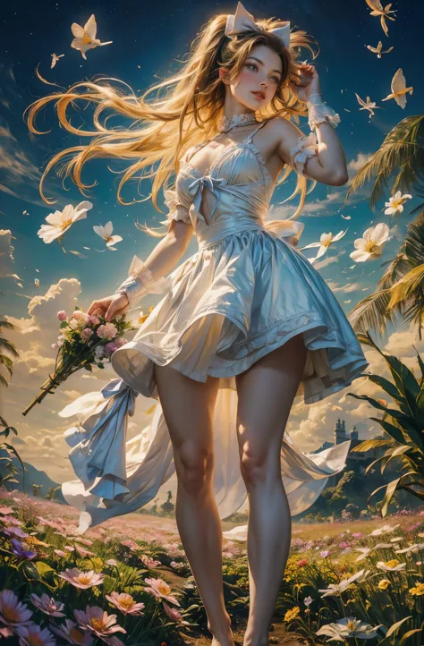 alice in wonderland, (There is a bow on the head:1.1), Upper body，有一个女孩Standing in the flower field仰望天空, 一个女孩Standing in the flo...