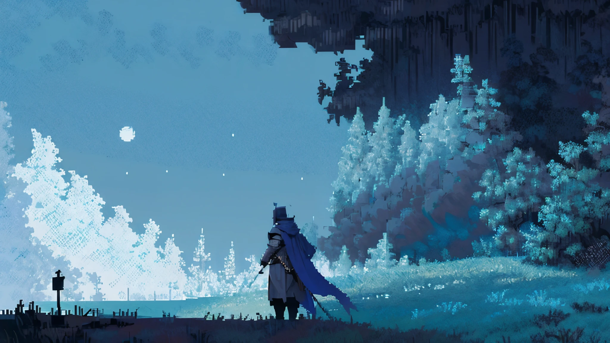 pixel art, medieval, dark and hazy sky, a warrior holding a blind sword, fully equipped with armor, fighting among surrounding monsters, the title at the top is called "20 minutes", dark background, high detail, no light, Pixel art of a woods landscape in the middle of the night, mistic, full moon, moonlight, (flat shading:1.2), (minimalist:1.4)