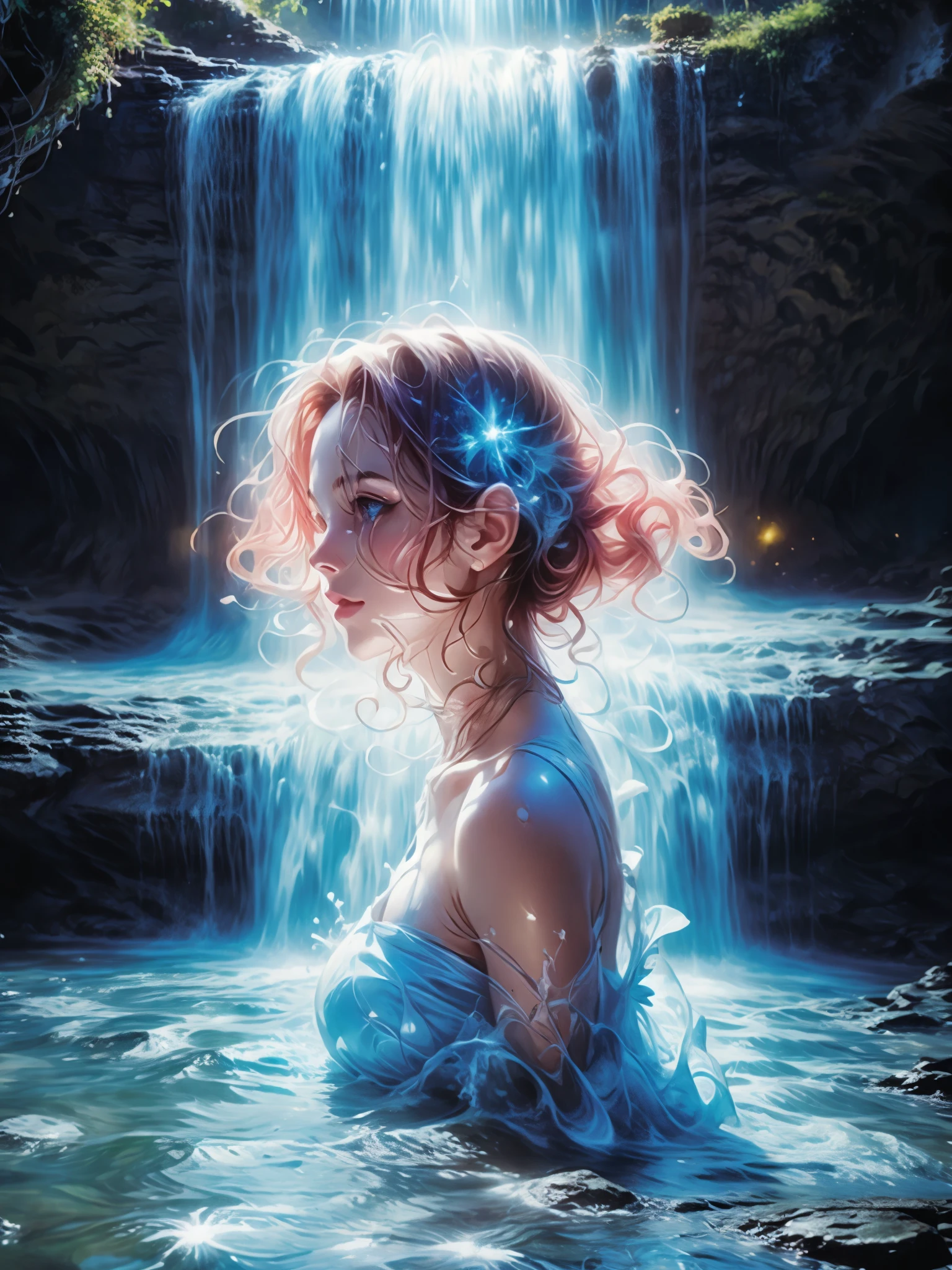 (best quality,4k,8k,highres,masterpiece:1.2),ultra-detailed,(realistic,photorealistic,photo-realistic:1.37),portrait,"girl hit by waterfall,splash",oil painting,water texture,beautiful detailed eyes and face,flowing hair,long eyelashes,shimmering light,summer atmosphere,vibrant colors,freshness,joyful mood,natural setting,enchanted forest,transparent water,sparkling droplets,motion capture,soft brushstrokes,subtle reflections,dynamic movement,reflection of sunlight,ethereal beauty,blurred background,wet clothes,wonder and awe,surrounding vegetation,calming effect,impressive scenery,overwhelming force,graceful pose,energetic expression,seamless integration,glowing skin,interaction of light and water,emotion-filled gaze,captivating moment,lively and immersive,adventurous spirit,harmony of nature and human,invigorating experience