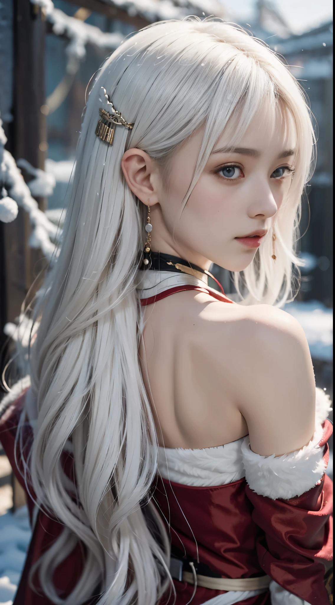 1 girl, (white hair:1.2), (portrait:1.3), (breast, split, (red hanfu), (winter hanfu:1.2), Cloak, (snow:1.3), (masterpiece, best quality:1.5), (Medium chest), (bare shoulders​, Strapless:1.5), light, depth of field, from behind, masterpiece