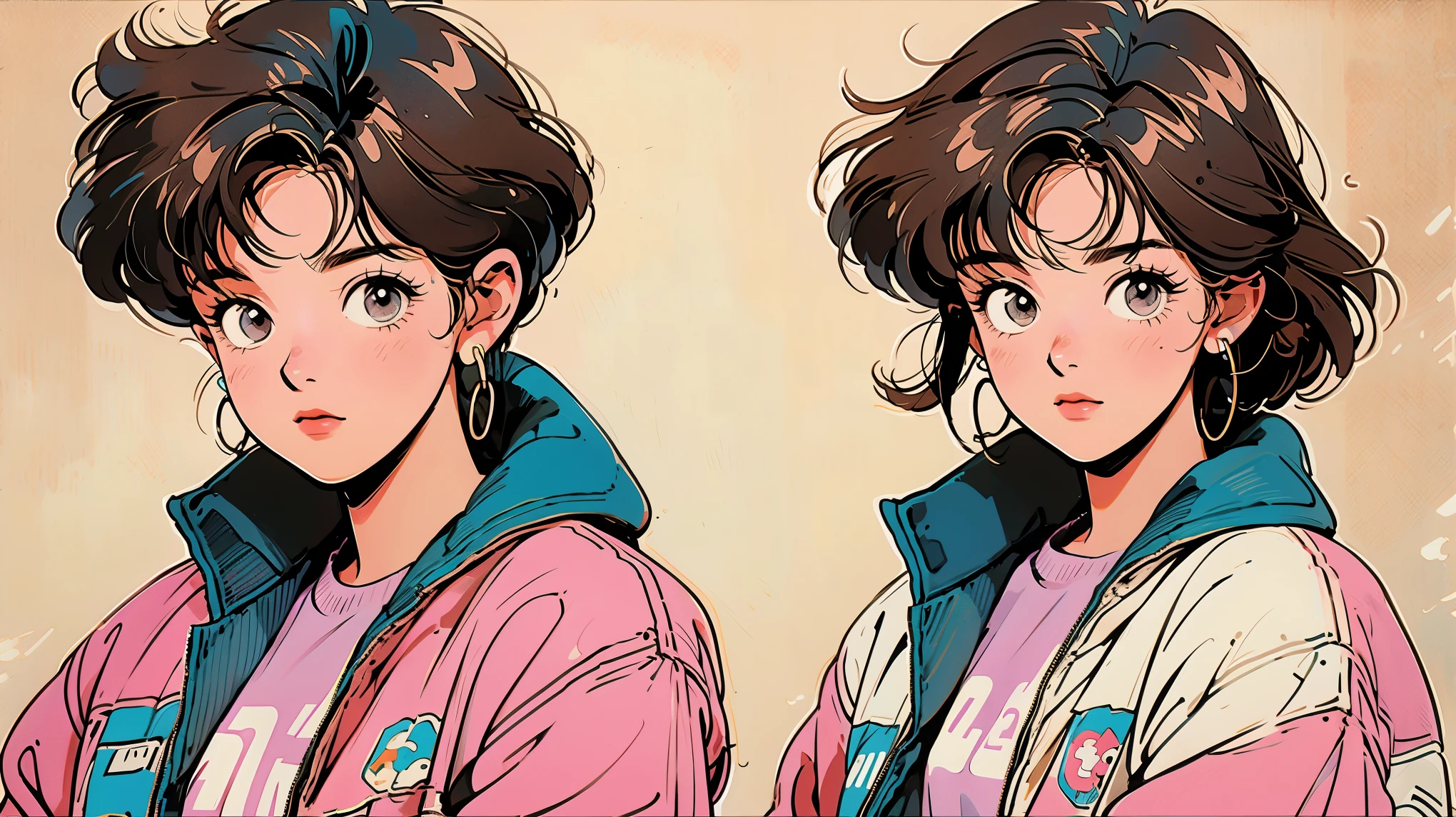 short brown hair, girl, vintage 90s, romance anime style, cardigan, lip gloss, headphone