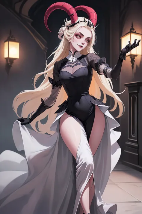 (Lilith:1.2), (grey/gray skin, grey sclera, long blonde hair, white iris, demon horns, makeup), (DefaultOutfit:1.2), (long dress...