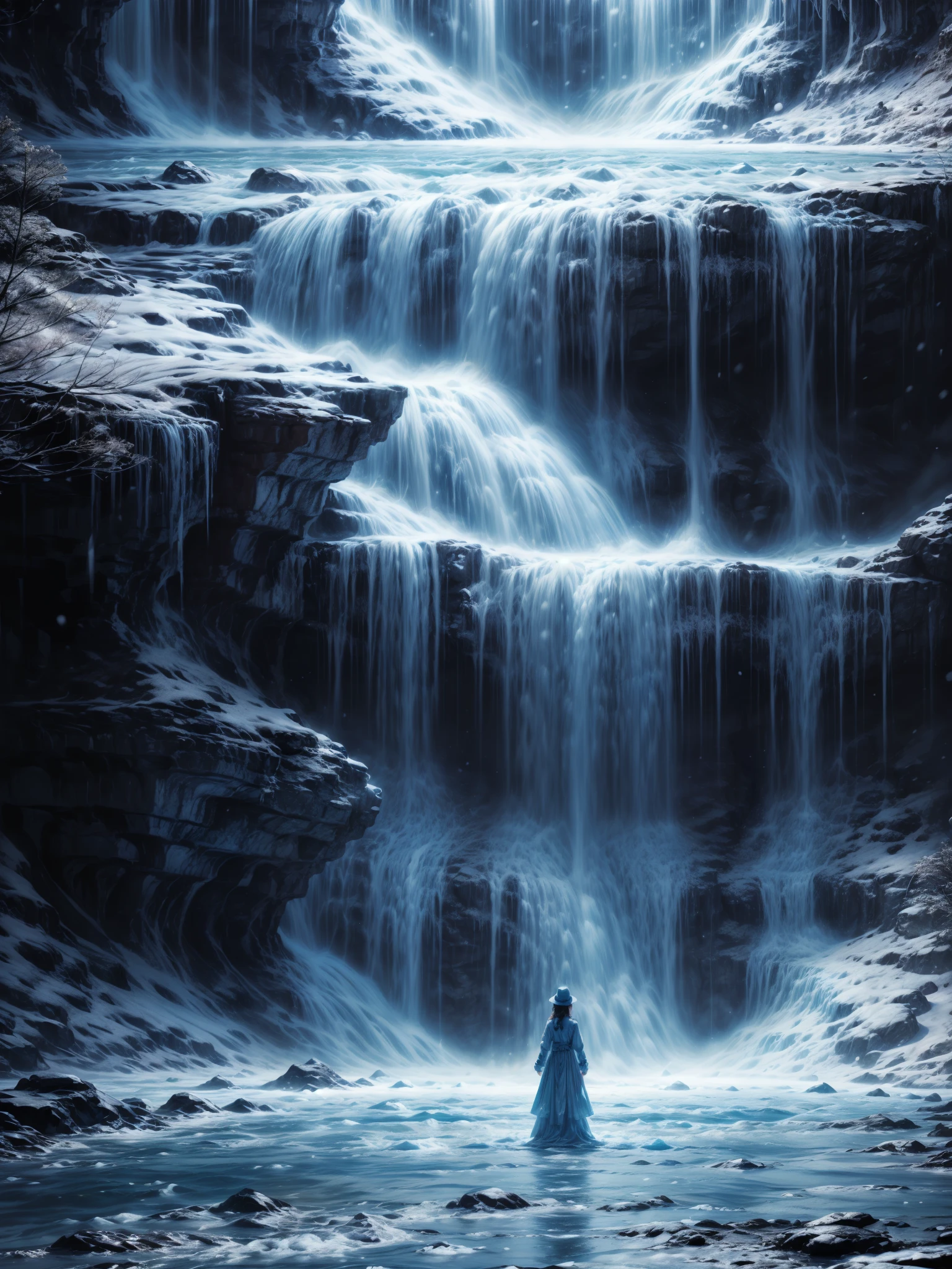 A girl hit by a waterfall, splash, winter, sky
(best quality,4k,8k,highres,masterpiece:1.2),ultra-detailed,(realistic,photorealistic,photo-realistic:1.37),HDR,UHD,studio lighting,ultra-fine painting,sharp focus,physically-based rendering,extreme detail description,professional,vivid colors,bokeh,portraits,landscape,horror,anime,sci-fi,photography,concept artists,cold,icy,captivating color tones,softly falling snowflakes,pure white surroundings,crystal clear ice,snow-capped mountains,steep cliffs,dramatic sky with shades of purple,blue, and pink,glistening waterdrops,waterfall with powerful cascades,girl wearing winter coat and hat,stunning frozen splashes of water,frozen breath in the air,expressive face with awe and wonder,watery spray creating a misty atmosphere