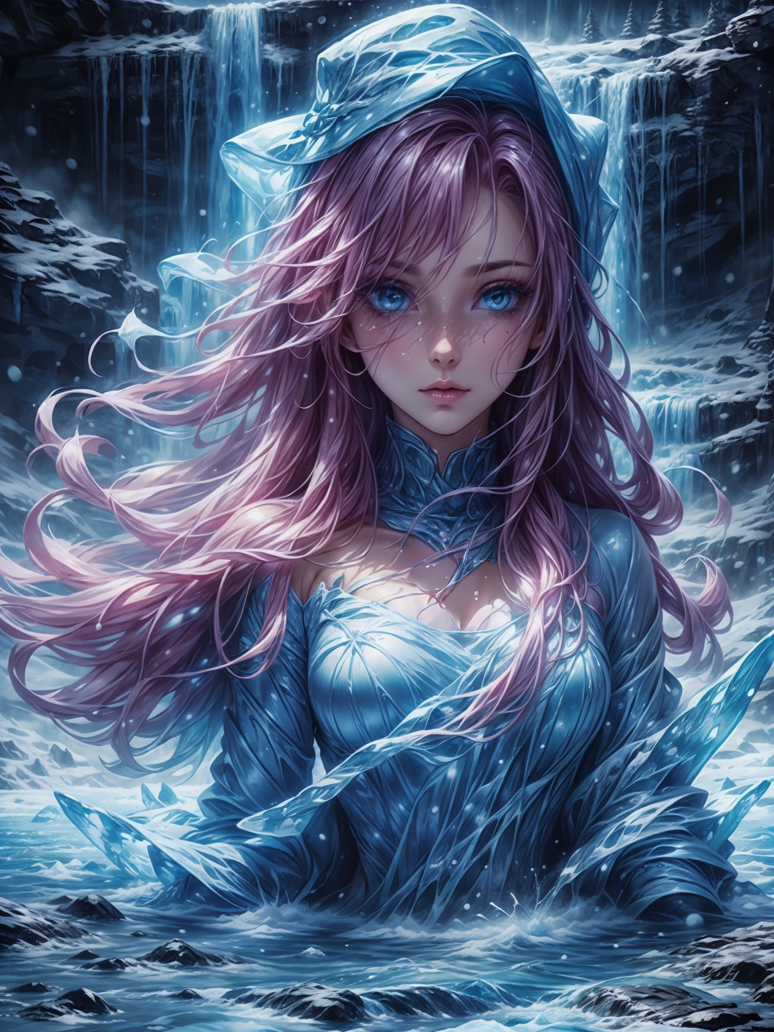 A girl hit by a waterfall, splash, winter, sky
(best quality,4k,8k,highres,masterpiece:1.2),ultra-detailed,(realistic,photorealistic,photo-realistic:1.37),HDR,UHD,studio lighting,ultra-fine painting,sharp focus,physically-based rendering,extreme detail description,professional,vivid colors,bokeh,portraits,landscape,horror,anime,sci-fi,photography,concept artists,cold,icy,captivating color tones,softly falling snowflakes,pure white surroundings,crystal clear ice,snow-capped mountains,steep cliffs,dramatic sky with shades of purple,blue, and pink,glistening waterdrops,waterfall with powerful cascades,girl wearing winter coat and hat,stunning frozen splashes of water,frozen breath in the air,expressive face with awe and wonder,watery spray creating a misty atmosphere