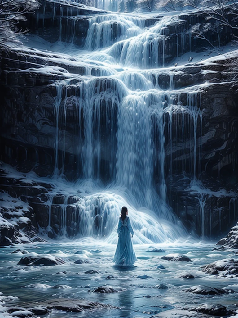 (best quality,4k,8k,highres,masterpiece:1.2),ultra-detailed,(realistic,photorealistic,photo-realistic:1.37),girl hit by waterfall,splash,winter,sky,from below,icy,chilly,freezing temperature,lush snow-covered landscape,sparkling snowflakes,frozen droplets on eyelashes,glimmering frost on skin,dramatic cascading waterfall,crystal-clear water,sunlight piercing through the mist,winter wonderland,sublime beauty,soothing tranquility,mesmerizing view,awe-inspiring grandeur,imposing mountains towering above,icy cold breeze,pure white clouds,blue sky,shimmering ice crystals,subtle hues of purples and blues,stunning reflection on water,serene expression on the girl's face,streams of water gracefully flow down,slippery rocks covered in snow,gushing sound of water,roaring of the waterfall,majestic cliffs,captivating perspective from below,empowering force of nature,adventurous spirit,spirited girl embracing the splash,drenched clothes clinging to her body,joyful laughter echoing in the valley,endless possibilities of winter exploration,distinctive winter scent filling the air,dazzling white snow blending with the ethereal beauty of the girl,pure,innocent,breathtaking moment frozen in time