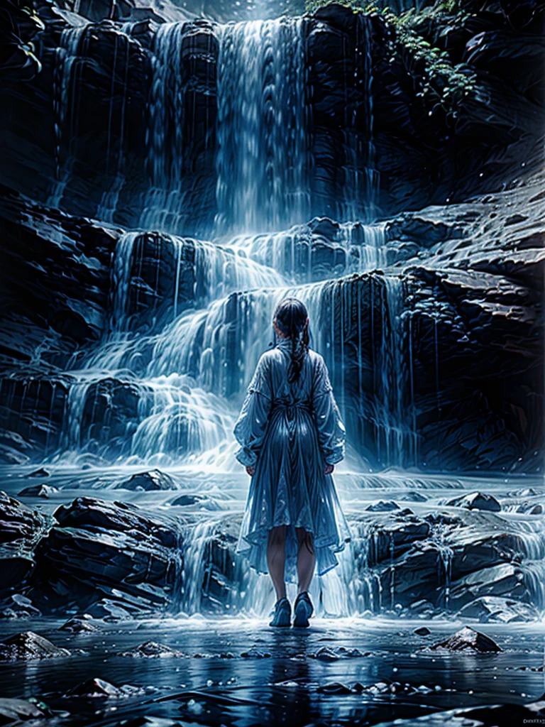 (a)girl hit by waterfall, splash,winter,sky,from below,(best quality,4k,8k,highres,masterpiece:1.2),ultra-detailed,(realistic,photorealistic,photo-realistic:1.37), HDR,UHD,studio lighting,ultra-fine painting,sharp focus,physically-based rendering,extreme detail description,professional,vivid colors,bokeh, portraits,landscape,horror,anime,sci-fi,photography,concept artists,cool tones,warm lights