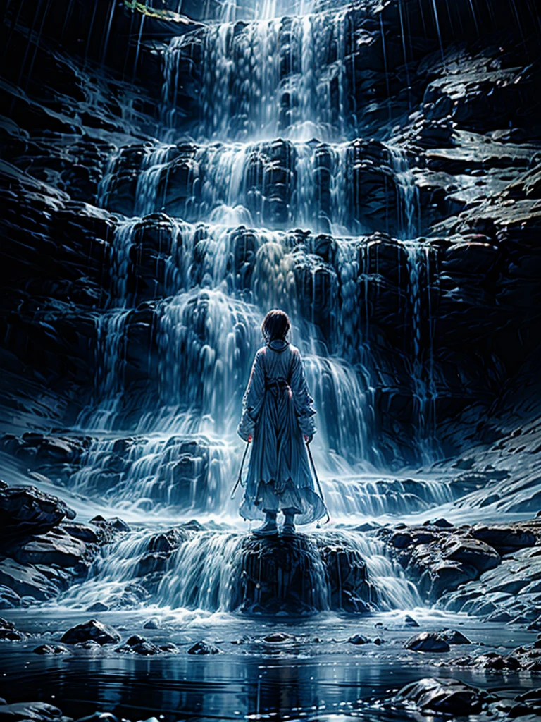 (a)girl hit by waterfall, splash,winter,sky,from below,(best quality,4k,8k,highres,masterpiece:1.2),ultra-detailed,(realistic,photorealistic,photo-realistic:1.37), HDR,UHD,studio lighting,ultra-fine painting,sharp focus,physically-based rendering,extreme detail description,professional,vivid colors,bokeh, portraits,landscape,horror,anime,sci-fi,photography,concept artists,cool tones,warm lights