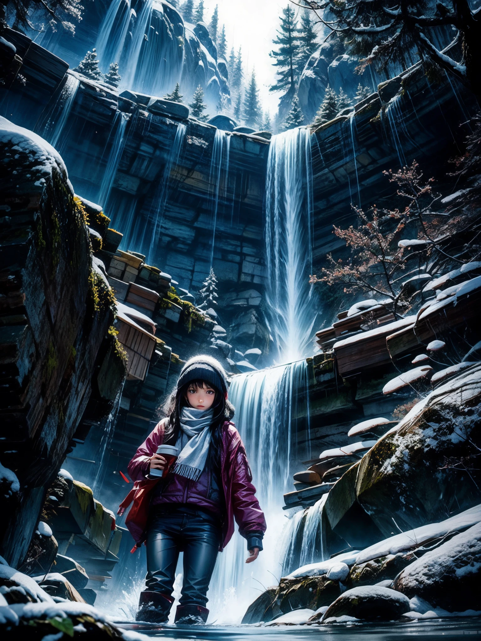 girl hit by waterfall, splash, winter, sky, from below