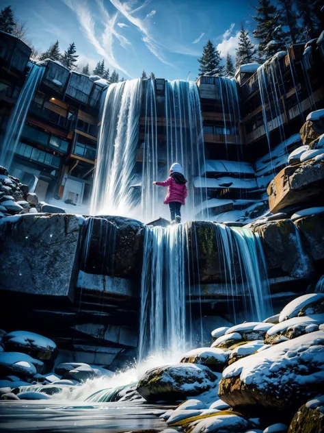 girl hit by waterfall, splash, winter, sky, from below