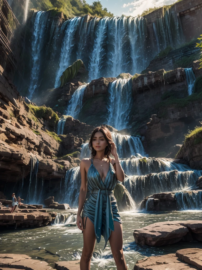 1girl，beautiful girl，Wearing colorful denim sportswear，((big waterFall:1.8))，(big waterFall under the sunset)、((A girl looking up at the waterfall from directly below it))，ethereal beauty，(anatomically correct，perfect body proportions，The character ratio is only 1 of the image/8)，lake surface，big woods，Tyndall ray，realism，illumination，Ray tracing，optical illusion，lens flare，120mm，f/1.2，sony fe gm，ultra high definition，retina，masterpiece，best quality，Very detailed