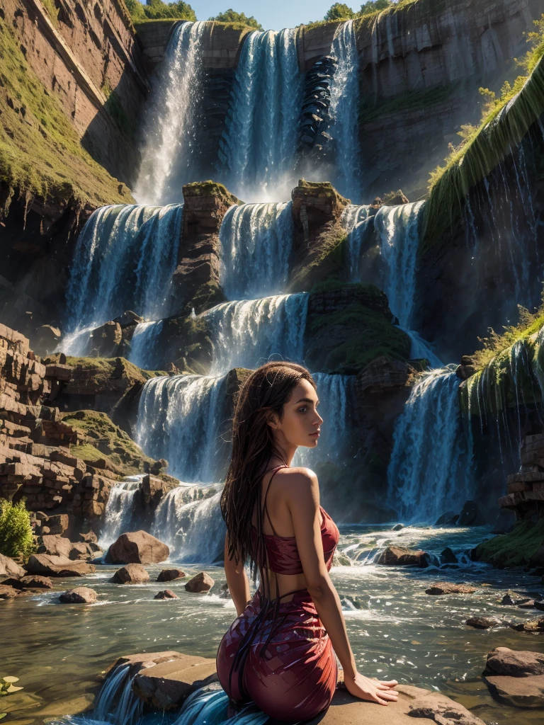 1girl，beautiful girl，Wearing colorful denim sportswear，((big waterFall:1.8))，(big waterFall under the sunset)、((A girl looking up at the waterfall from directly below it))，ethereal beauty，(anatomically correct，perfect body proportions，The character ratio is only 1 of the image/8)，lake surface，big woods，Tyndall ray，realism，illumination，Ray tracing，optical illusion，lens flare，120mm，f/1.2，sony fe gm，ultra high definition，retina，masterpiece，best quality，Very detailed