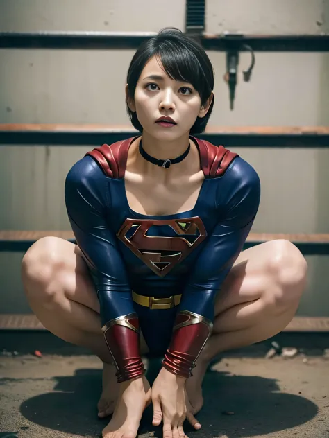 masterpiece、supergirl costume、short hair、barefoot、big and full breasts、Crisis situation、prison、in a cage、sense of abuse、torture、...