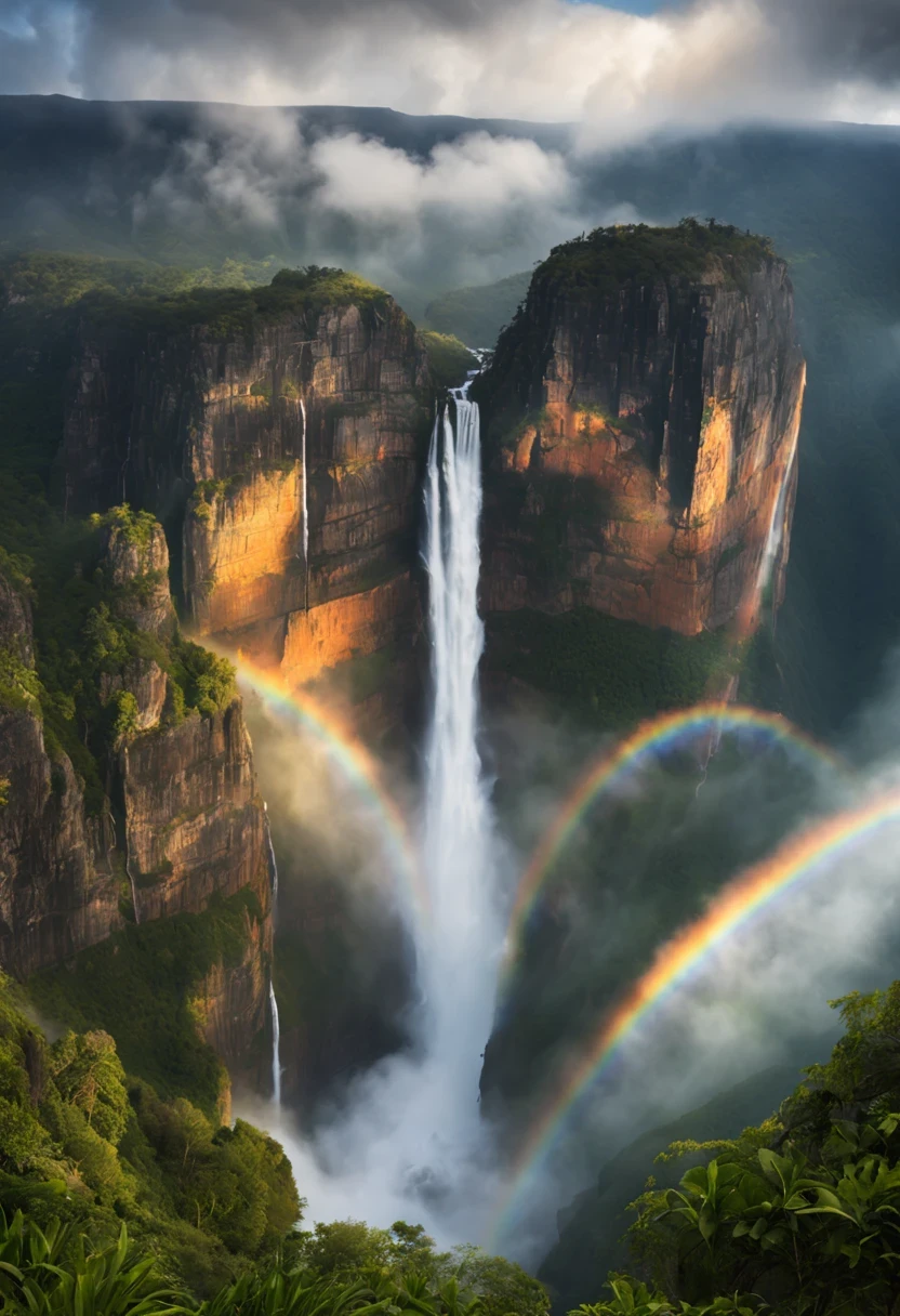 Create a spectacular, detailed image of Angel Falls in Venezuela, capturing the majestic waterfall plunging from the top of Auyán-tepui, surrounded by lush greenery and mist. The scene should showcase the sheer height of the falls, emphasizing its status as the world's highest uninterrupted waterfall. Include the rocky cliffs of the tepui, with water cascading down in multiple tiers, creating a mesmerizing display of nature's power. Let the sunlight filter through the mist, casting rainbows in the spray, and highlight the diverse flora clinging to the cliffs. The image should evoke a sense of awe and wonder at the grandeur of this natural wonder.