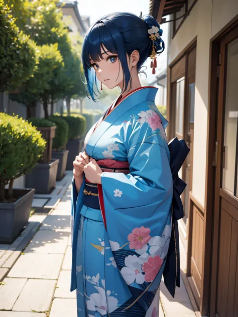 A mature girl, blue hair, kimono