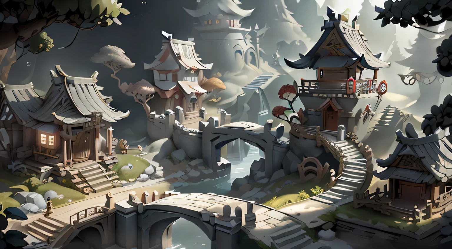 White box style fairy tale book world: Pop up obstacles, Mohe, paper bridge, story driven path, character interaction. Chinese architecture，Three-dimensional structure，Lively market