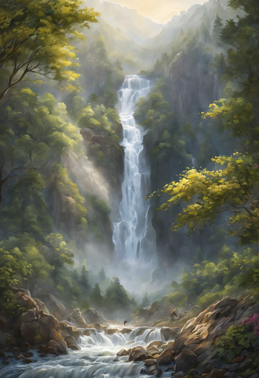 Create an awe-inspiring image of a majestic waterfall cascading down a rugged mountainside. The waterfall should be grand and powerful, its waters crashing into a crystal-clear pool below. Surrounding the waterfall are lush, vibrant greenery, with tall, ancient trees framing the scene. Sunlight filters through the dense foliage, casting a golden glow on the mist rising from the waterfall. Birds soar overhead, adding to the sense of serenity and wild beauty. The rocks near the waterfall are slick with water, and colorful wildflowers peek out from crevices. In the distance, you can see more mountains shrouded in mist, hinting at the vastness of the landscape. The scene captures the raw power and tranquility of nature, inviting the viewer to imagine the roar of the waterfall and feel the cool mist on their skin.