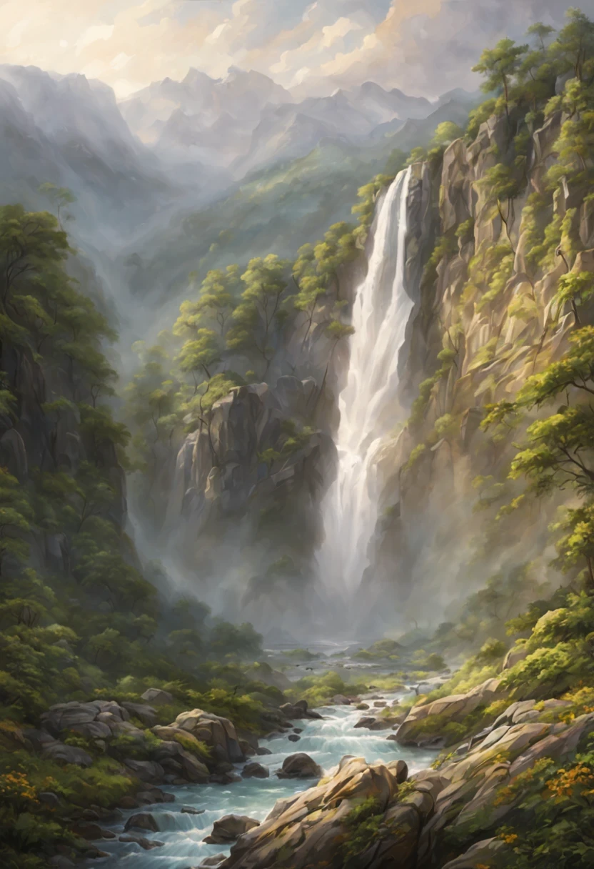 Create an awe-inspiring image of a majestic waterfall cascading down a rugged mountainside. The waterfall should be grand and powerful, its waters crashing into a crystal-clear pool below. Surrounding the waterfall are lush, vibrant greenery, with tall, ancient trees framing the scene. Sunlight filters through the dense foliage, casting a golden glow on the mist rising from the waterfall. Birds soar overhead, adding to the sense of serenity and wild beauty. The rocks near the waterfall are slick with water, and colorful wildflowers peek out from crevices. In the distance, you can see more mountains shrouded in mist, hinting at the vastness of the landscape. The scene captures the raw power and tranquility of nature, inviting the viewer to imagine the roar of the waterfall and feel the cool mist on their skin.