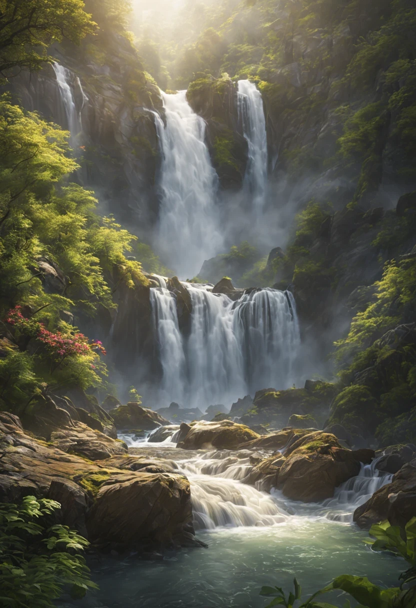 Create an awe-inspiring image of a majestic waterfall cascading down a rugged mountainside. The waterfall should be grand and powerful, its waters crashing into a crystal-clear pool below. Surrounding the waterfall are lush, vibrant greenery, with tall, ancient trees framing the scene. Sunlight filters through the dense foliage, casting a golden glow on the mist rising from the waterfall. Birds soar overhead, adding to the sense of serenity and wild beauty. The rocks near the waterfall are slick with water, and colorful wildflowers peek out from crevices. In the distance, you can see more mountains shrouded in mist, hinting at the vastness of the landscape. The scene captures the raw power and tranquility of nature, inviting the viewer to imagine the roar of the waterfall and feel the cool mist on their skin.