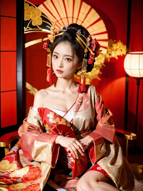 Arab Asian woman in red and white dress sitting on a chair, japanese goddess, gorgeous chinese model, in kimono, Beautiful asian...