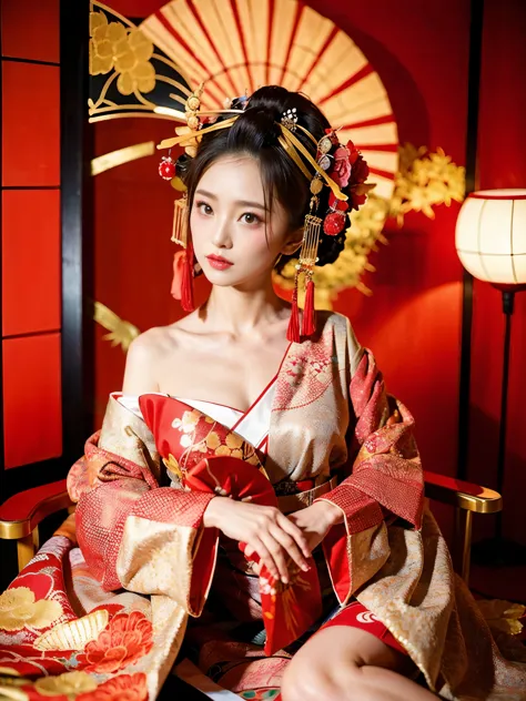 arab asian woman in red and white dress sitting on a chair, japanese goddess, gorgeous chinese model, in kimono, beautiful asian...