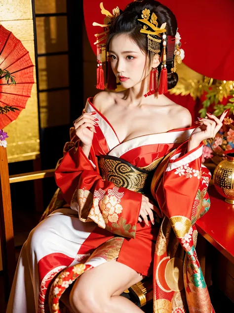 arab asian woman in red and white dress sitting on a chair, japanese goddess, gorgeous chinese model, in kimono, beautiful asian...