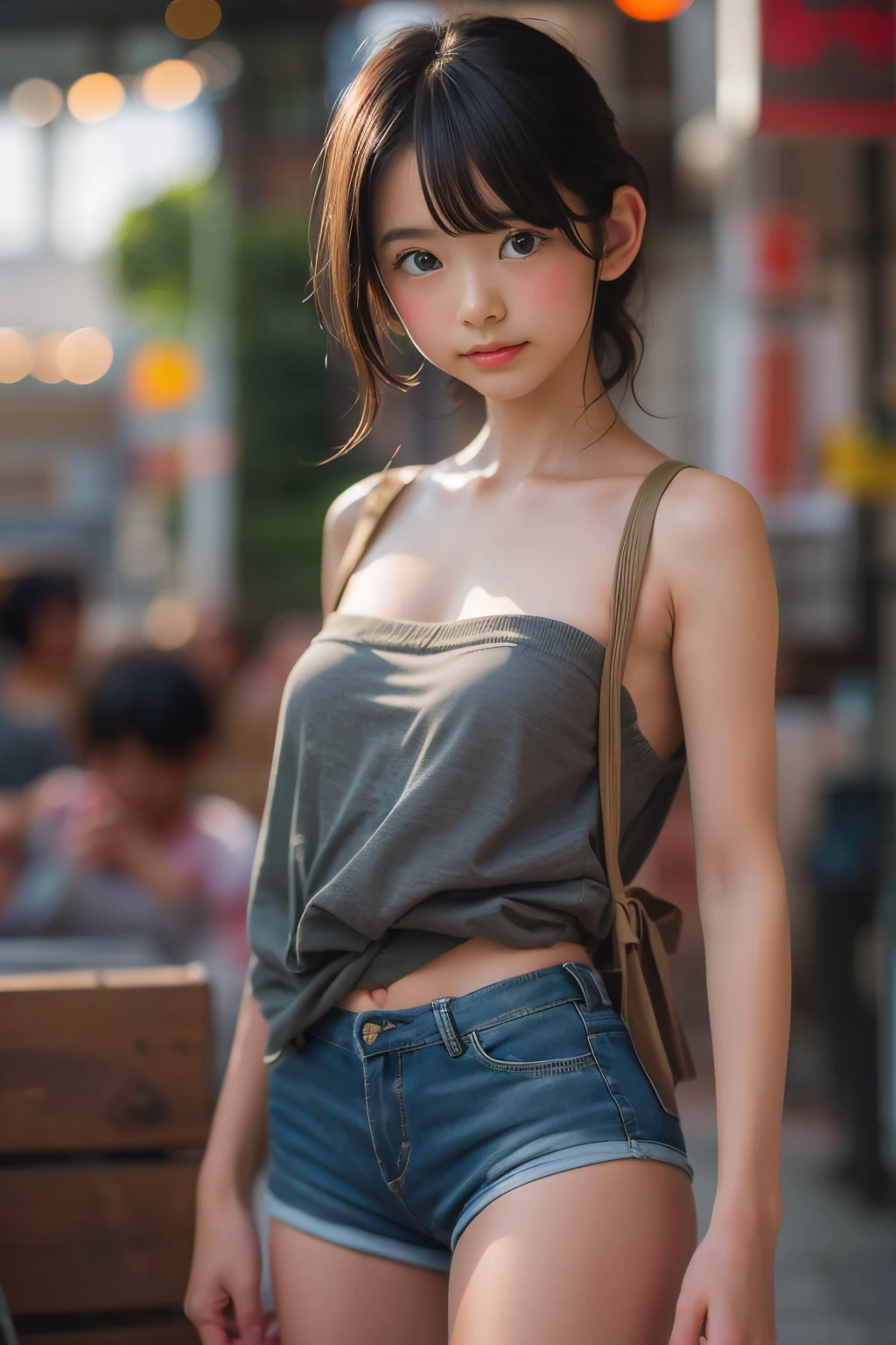 Ultra High Resolution, (Realistic: 1.4), RAW Photo, Best Quality, (Photorealistic), Focus, Soft Light, ((15 years old)), ((Japanese)), (Front, Young Face))), (Depth of Field), (One Piece), Masterpiece, (Photoreal), Woman, Bangs, (( bandeau top, shorts, Small Breasts, 1 Girl))
