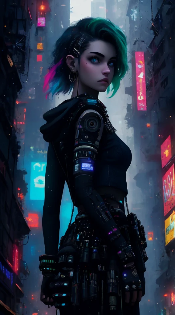 Hermosa chica con pechos pequeños, vistiendo una chaqueta resistente, por el ancho,Una joven hermosa , encantadora y fascinante en una burbuja con colores tornasolados, con adornos de estrellas, Armas ametralladoras en la escena nocturna cyberpunk., fondo verde rojo cyberpunk, (Mejor calidad: 1.4), (Obra maestra: 1.2), detallado, complejo, alta resolución,32k