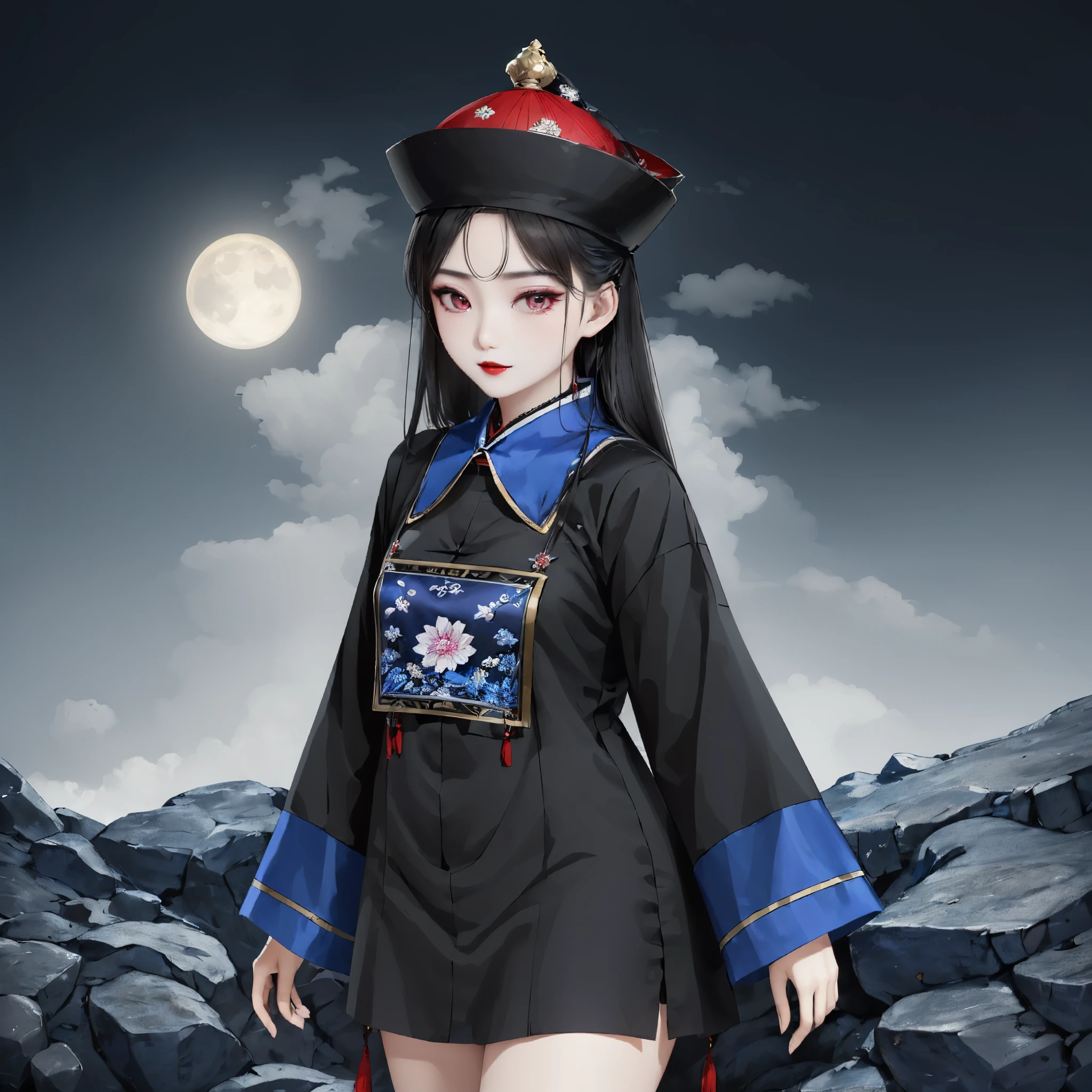 ((masterpiece)), ((best quality)), 8k, high detail, Super detailed, intricate details, illustration, fantasy, Surrealism, ((1 girl:1.2)), alone, Describe the Chinese-style Jiang girl,  Jiang&#39;s girl clothing, (The imperial paper on the head), dressed in traditional garments, (night setting:1.2), (Ancient village ruins:1.1), (weird atmosphere), Chiang girl pose, (old charm:0.8), Detailed depiction of the Jiang girl in the Jiang pose, (Moonlight night), (mysterious mist), (traditional charm), (delicate eyes:1.1), (black hair), (pale skin), (red lips), balanced composition, lights under moonlight, Visual effects with eerie details, Maxon Cinema 4D,,