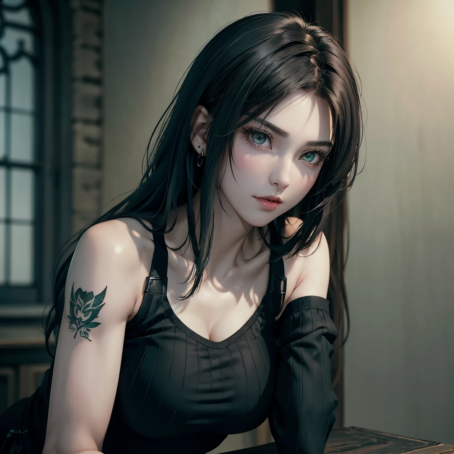 A woman with long black hair and tattoos sitting on a table - SeaArt AI