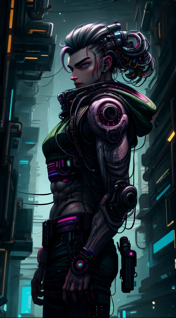 Hermoso hombre joven, vistiendo una chaqueta resistente, por cyberpunk,Un joven hermoso , encantador y fascinante , Armas ametralladoras en la escena nocturna cyberpunk., fondo verde rojo cyberpunk, (Mejor calidad: 1.4), (Obra maestra: 1.2), detallado, complejo, alta resolución,32k