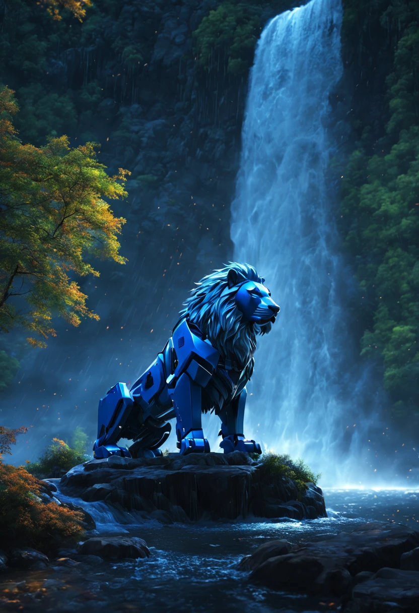 (A blue color schemed obviously robotic Voltron lion) is sitting under a waterfall, water both dances off the lion and distorts its outline, at night on a forest world