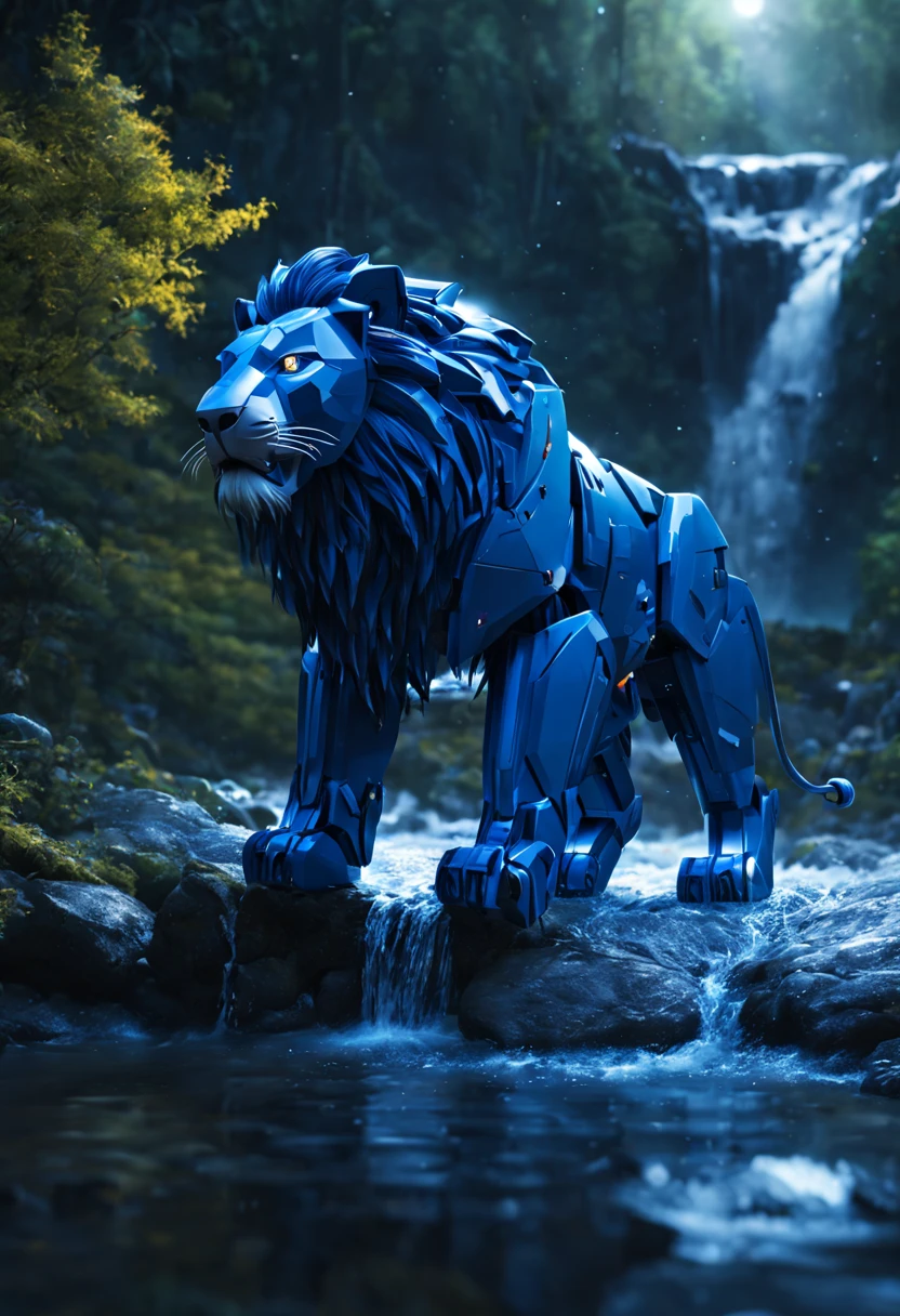 (A blue color schemed obviously robotic Voltron lion) is sitting under a waterfall, water both dances off the lion and distorts its outline, at night on a forest world
