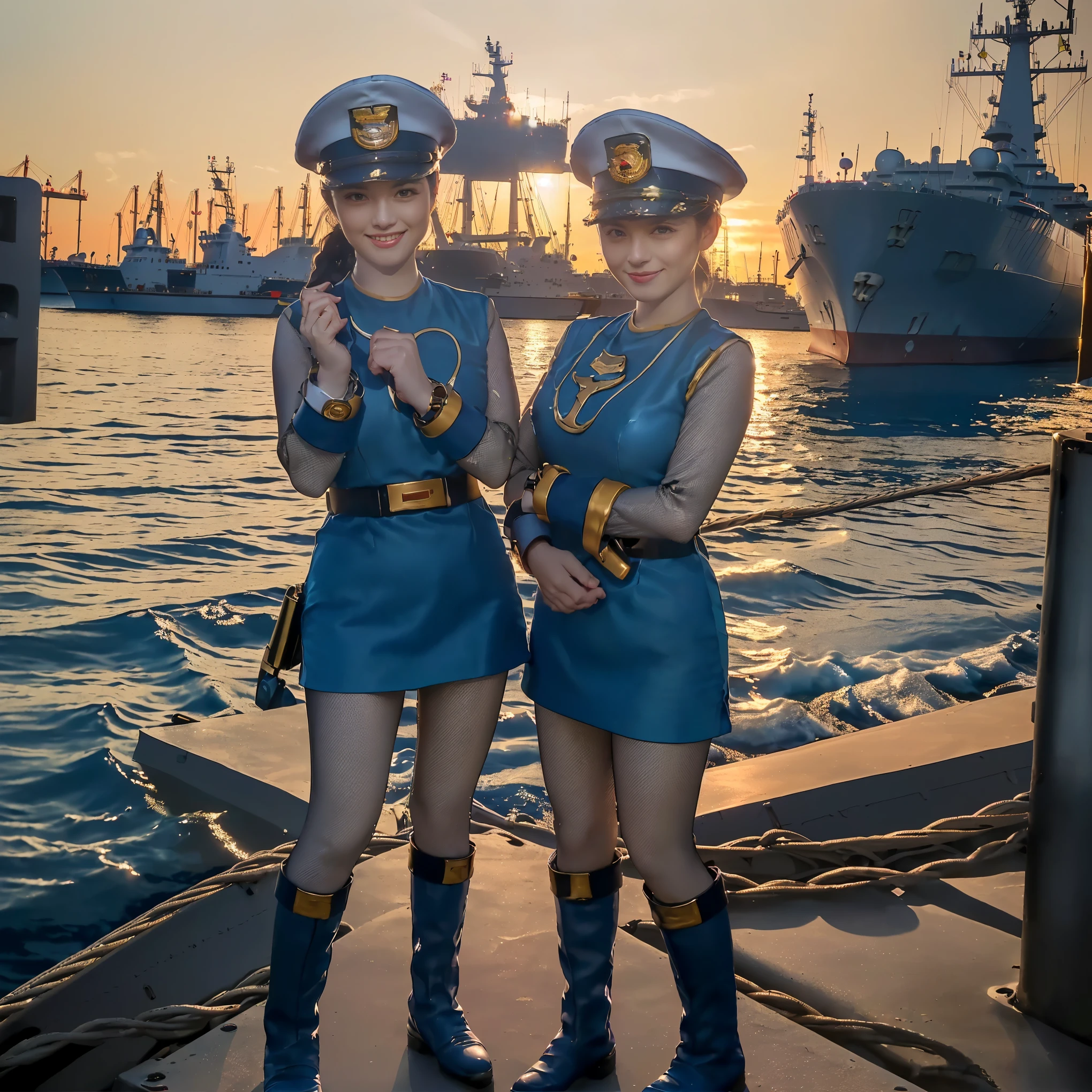 ((highest quality、table top、8k、best image quality))、(1 photo:1.5)、(1 female naval officer:1.5)、(perfect authentic navy uniform:1.3)、(authentic navy uniform:1.3)、(real navy hat:1.3)、(accurate anatomy:1.3)、cowboy shot、the best smile when you look at me、(In the background you can see a harbor with huge ships moored.:1.3)、Adult-like appearance、shine、Brilliant
