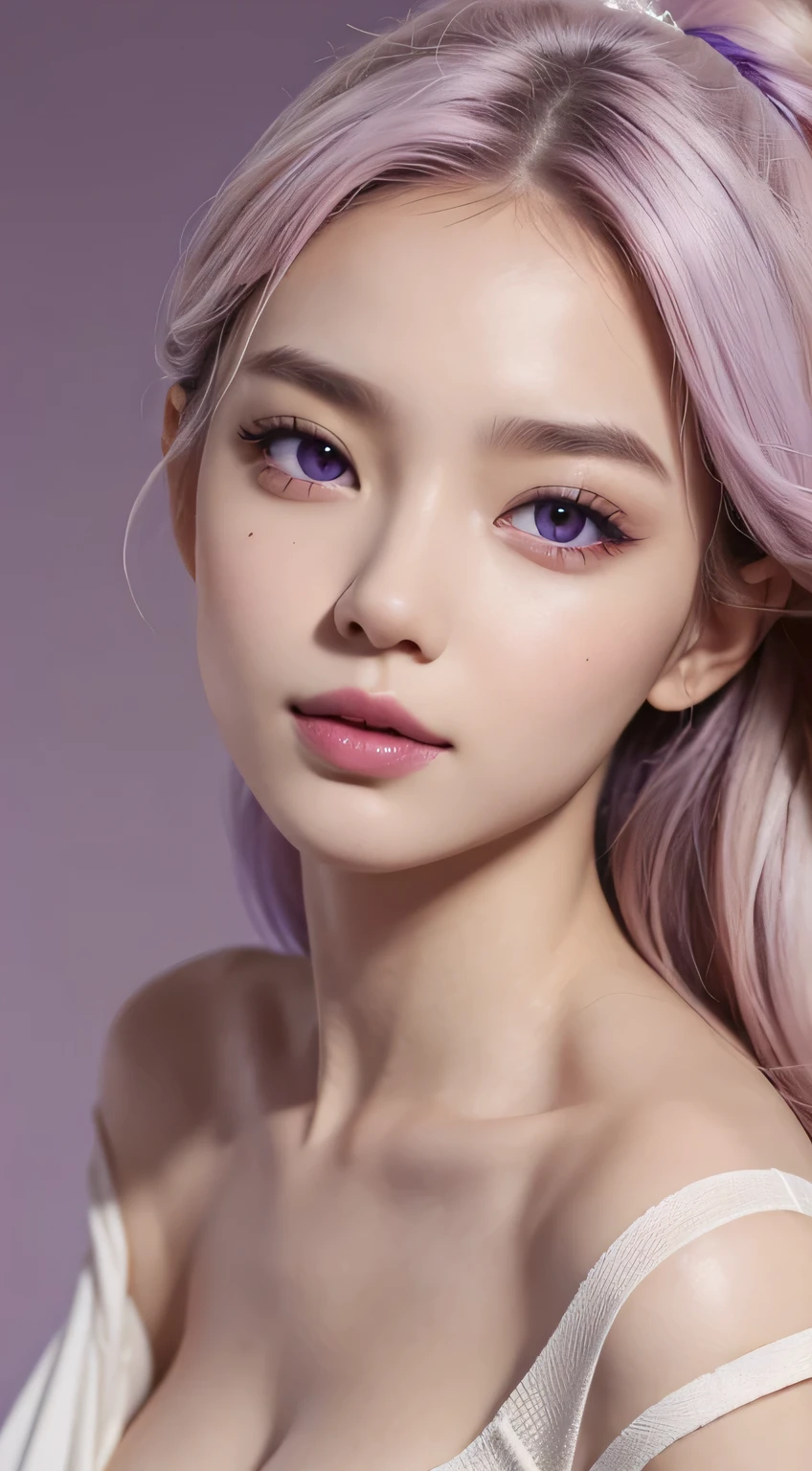 ユニークで多様な若い女性のイメージ, クリーミーな白い肌と鮮やかな紫色の背景のコントラスト, 美しい顔と体を一枚の写真に収めましょう，明るい髪，おしゃれな服
