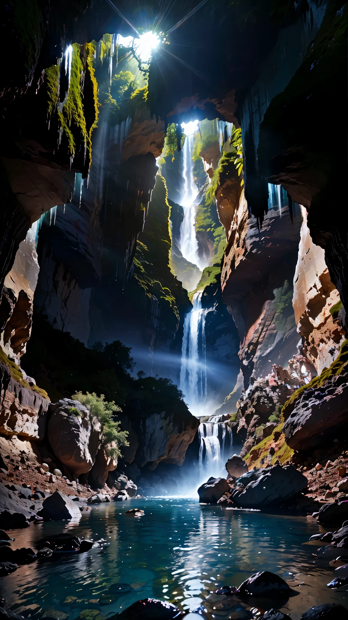  (8k, RAW photo, 最high quality, masterpiece:1.2), High-definition RAW color photo, Professional photo shoot, Landscape with a small waterfall inside a cave, flowing water, quiet flow, Fantastic illumination, mysterious cave scenery, dim, Rocks and brilliant stalactites, water reflection, Lens flare, high quality, photo shoot.