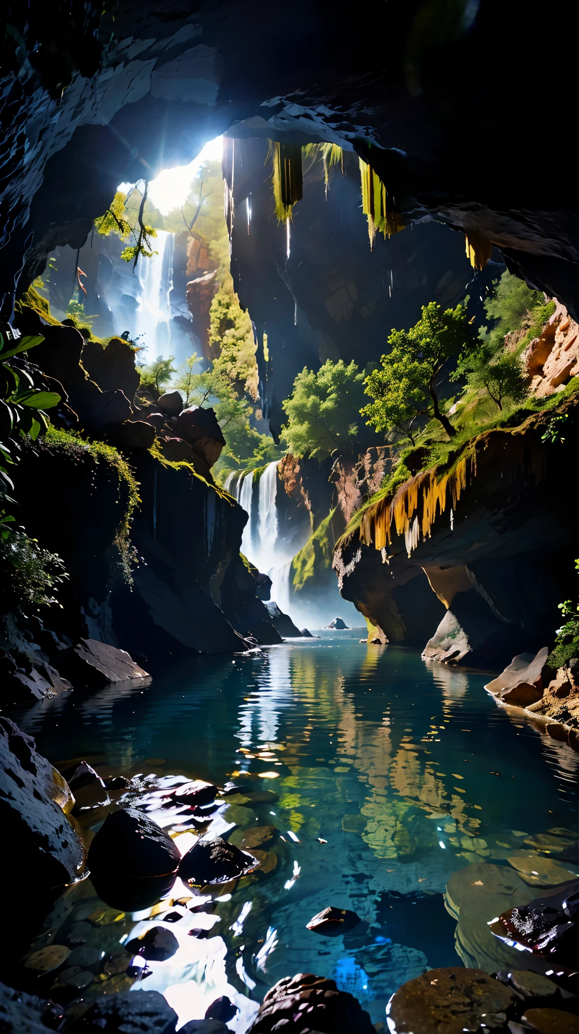  (8k, RAW photo, 最high quality, masterpiece:1.2), High-definition RAW color photo, Professional photo shoot, Landscape with a small waterfall inside a cave, flowing water, quiet flow, Fantastic illumination, mysterious cave scenery, dim, Rocks and brilliant stalactites, water reflection, Lens flare, high quality, photo shoot.