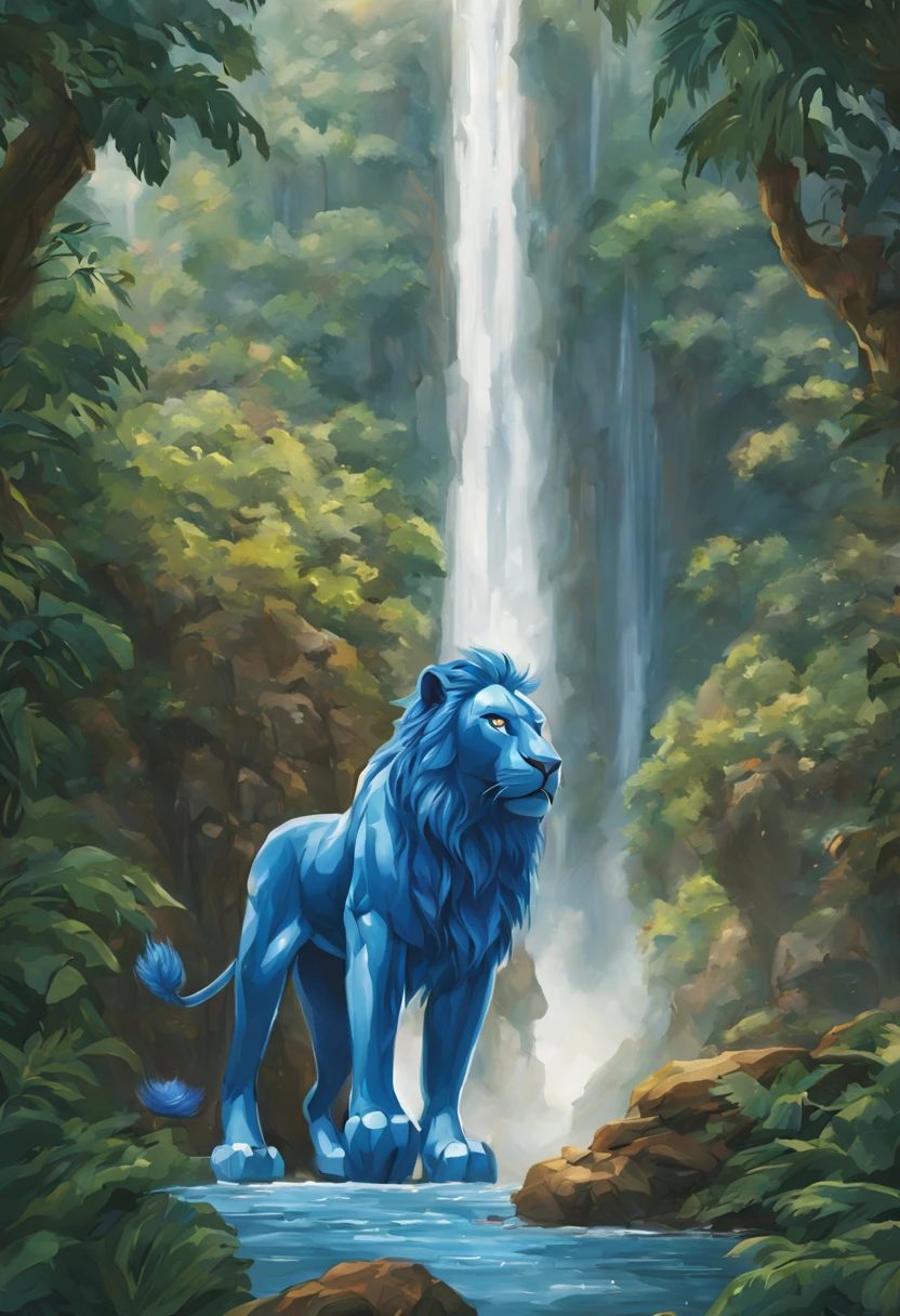 (A blue color schemed obviously robotic Voltron lion) is sitting under a waterfall, water both dances off the lion and distorts its outline, at night on a forest world