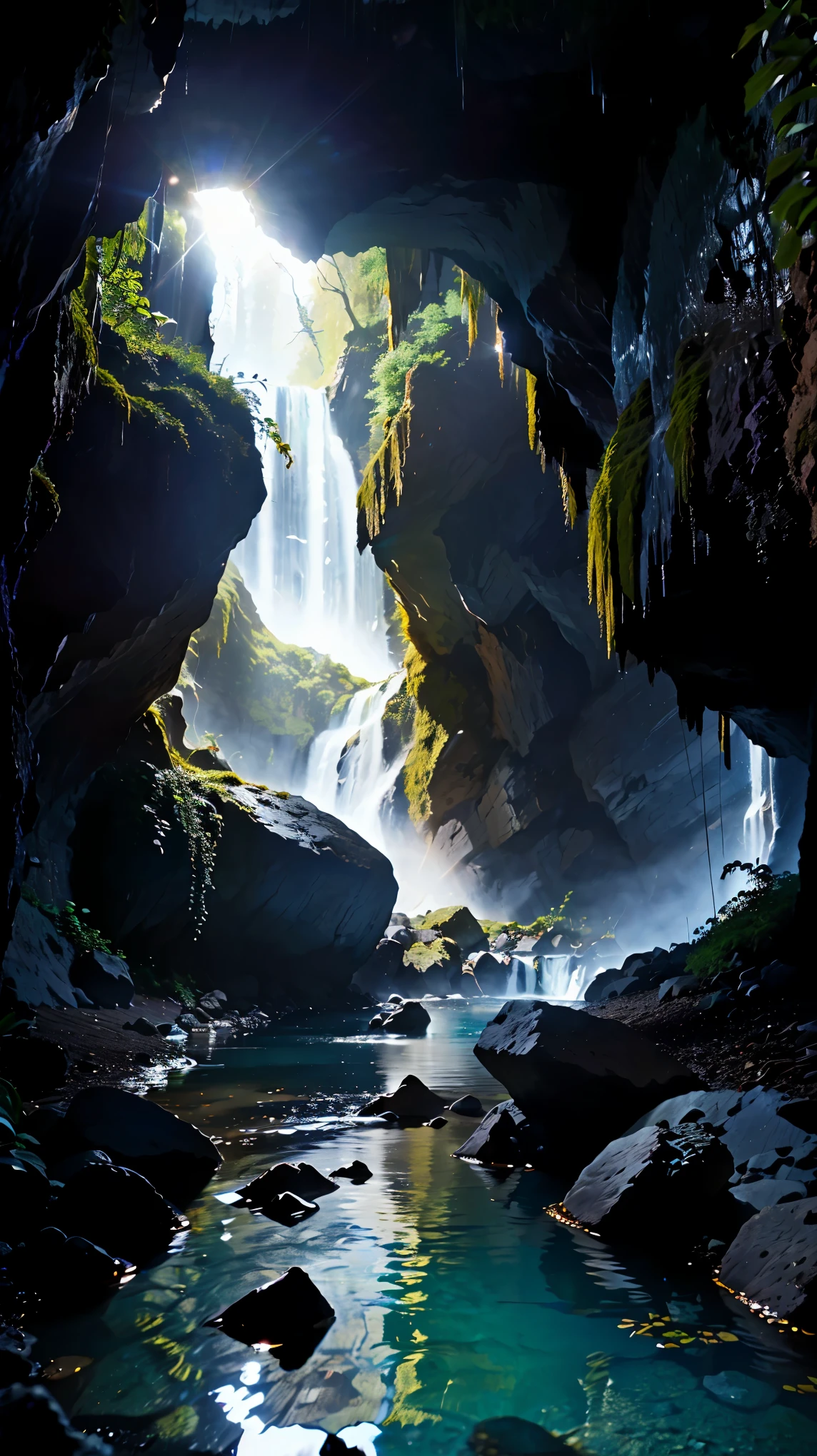  (8k, RAW photo, 最high quality, masterpiece:1.2), High-definition RAW color photo, Professional photo shoot, Landscape with a small waterfall inside a cave, flowing water, quiet flow, Fantastic illumination, mysterious cave scenery, dim, Rocks and brilliant stalactites, water reflection, Lens flare, high quality, photo shoot.