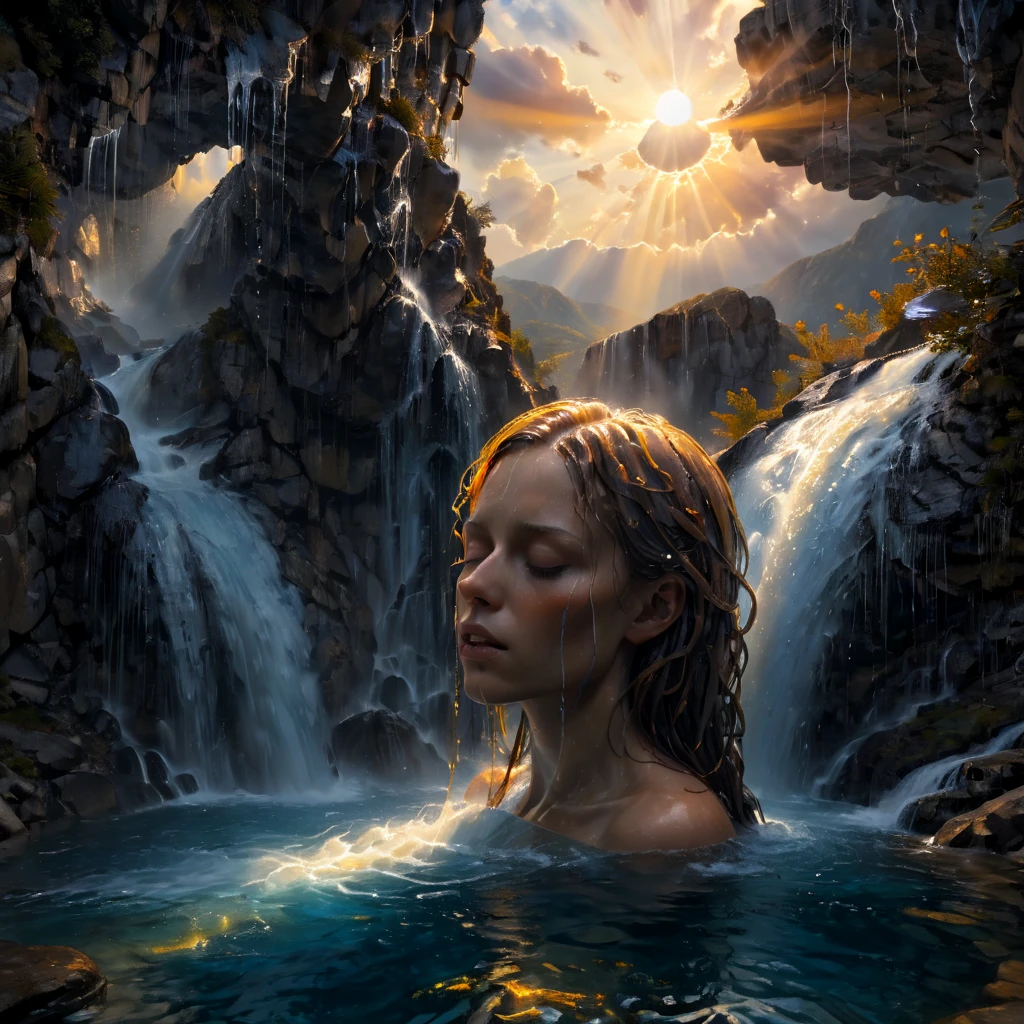 High Resolution, High Quality, Masterpiece. Surreal landscape integrating a human face with closed, peaceful eyes into a mountain, waterfall flowing from the head as hair cascading into a serene pool below, sunset background with light rays piercing through clouds, tranquil mystical atmosphere with a warm color palette of soft oranges, yellows, and blues, digital painting, golden ratio, cinematic, ultra realistic., 8K artistic photography, photorealistic concept art, soft natural light, volumetric atmosphere, cinematic chiaroscuro
