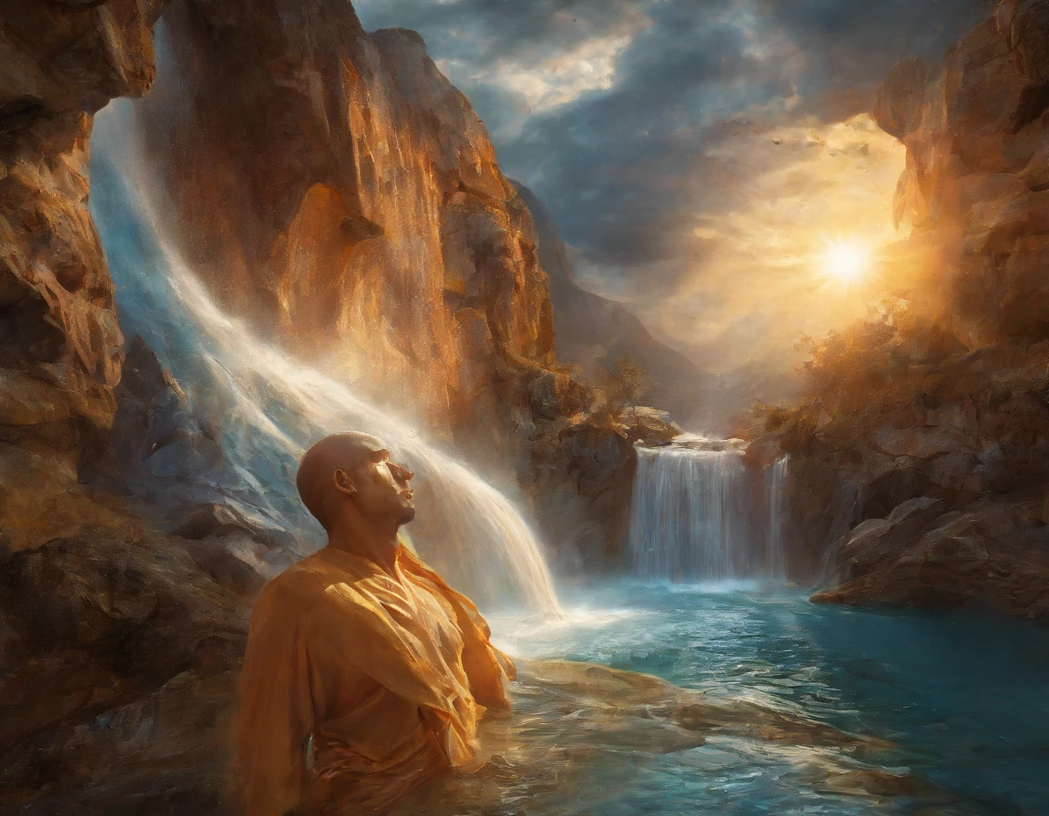 High Resolution, High Quality, Masterpiece. Surreal landscape integrating a human face with closed, peaceful eyes into a mountain, waterfall flowing from the head as hair cascading into a serene pool below, sunset background with light rays piercing through clouds, tranquil mystical atmosphere with a warm color palette of soft oranges, yellows, and blues, digital painting, golden ratio, cinematic, ultra realistic., 8K artistic photography, photorealistic concept art, soft natural light, volumetric atmosphere, cinematic chiaroscuro