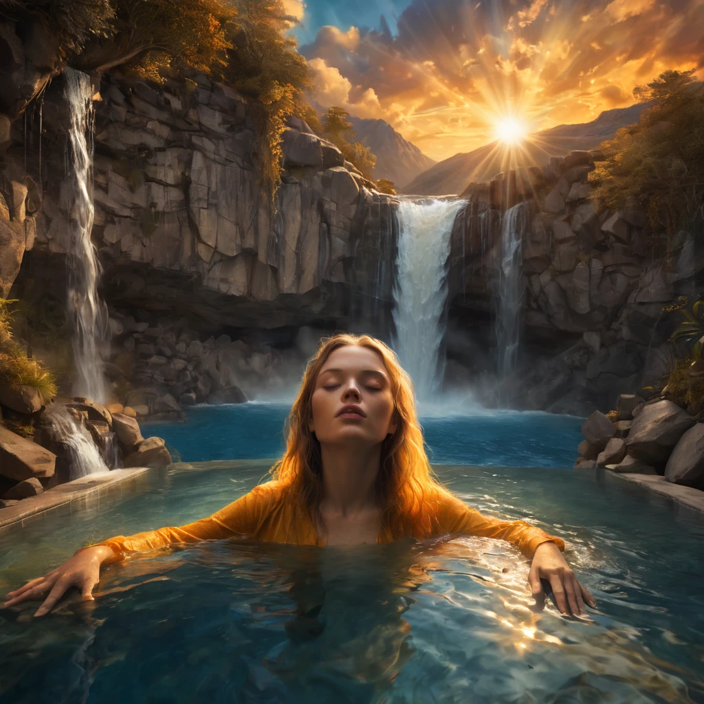 High Resolution, High Quality, Masterpiece. Surreal landscape integrating a human face with closed, peaceful eyes into a mountain, waterfall flowing from the head as hair cascading into a serene pool below, sunset background with light rays piercing through clouds, tranquil mystical atmosphere with a warm color palette of soft oranges, yellows, and blues, digital painting, golden ratio, cinematic, ultra realistic., 8K artistic photography, photorealistic concept art, soft natural light, volumetric atmosphere, cinematic chiaroscuro
