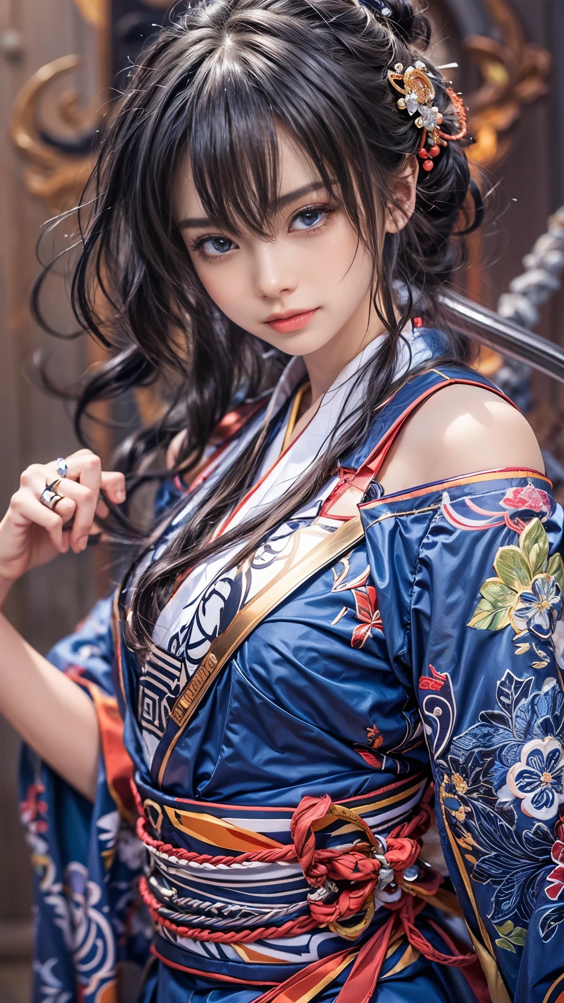 (RAW shooting, Photoreal:1.5, 8k, highest quality, masterpiece, ultra high resolution), Sengoku, fire事, いたるところで燃え上がる戦fire:1.2, perfect dynamic composition:1.2, Highly detailed skin and facial textures:1.2, Slim female samurai with a sharp Japanese sword:1.3, Fight:1.2, beautiful and aesthetic, cute and sexy beauty, perfect style:1.2, wear elaborate rings, fire, water, Wind, thunder, ice, Fair skin, very beautiful face, (Medium chest, Chest gap), (embarrassing smile, The expression on your face when you feel intense caress, Facial expression when feeling pleasure), (Wearing a sexy Sengoku uniform:1.1, off shoulder), (beautiful blue eyes, Eyes that feel beautiful eros:0.8), (Too erotic:0.9, Bewitching:0.9), full body shot