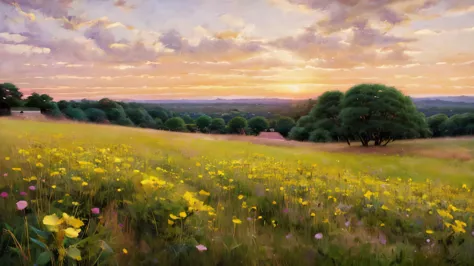 Realistic, realistic, Beautiful and wonderful landscape oil painting by Studio Ghibli Hayao Miyazaki, romantic sunset, purple sk...