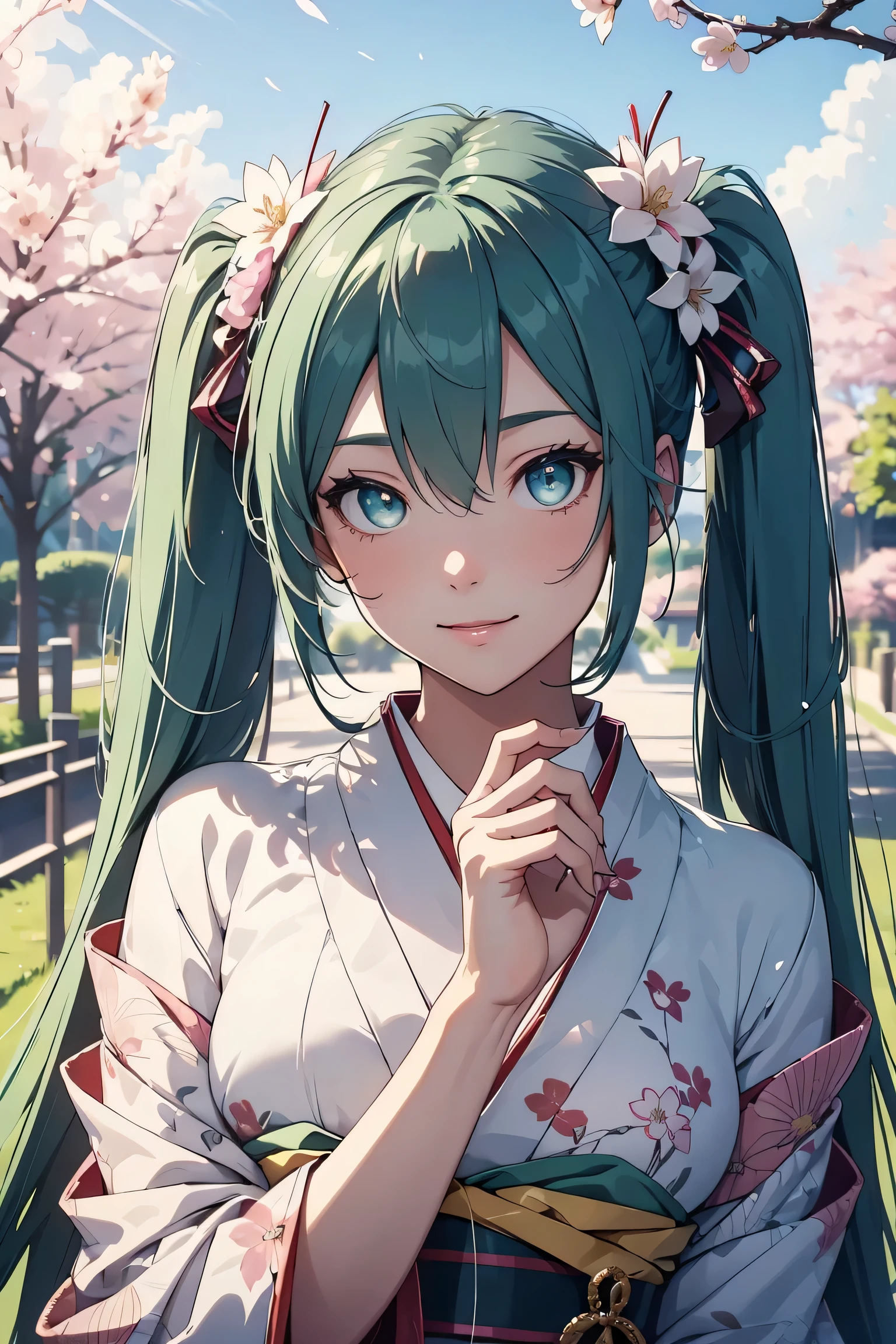 hatsune miku,twin tails,Beautiful emerald green eyes,white skin,beautiful kimono,wear kimono correctly,super high quality,super high quality,masterpiece,digital single lens reflex,realistic,Detailed details,vivid details,depicted in detail,detailed face,Detailed details,Super detailed,realistic skin texture,based on anatomical basis,perfect anatomy,anatomically correct hand,anatomically correct fingers,Complex 3D rendering,sexy pose,Beautiful cherry blossom trees,fantasy world view,fantastic morning sun,Amazing blue sky,beauty like a painting,nine heads and bodies,Take a full body photo,pink lip,smile,