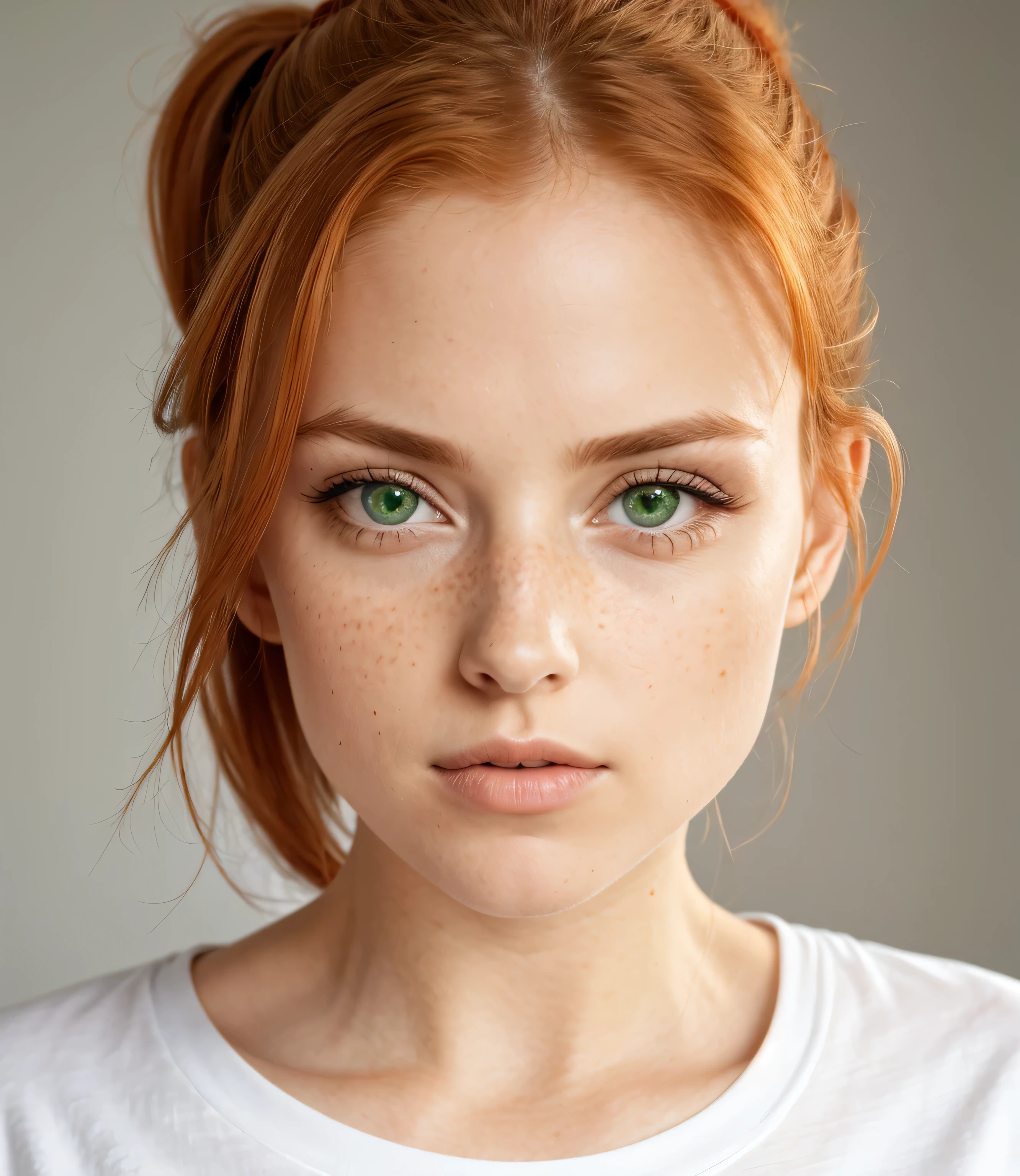 photo,8k,sharp focus,beautiful woman,close up,t-shirt,(exquisite eyes:0.8),(looking at camera:1.4),(best quality),(best shadow),green eyes,edge lighting,monochromatic light,dim,low profile,intricate details,Internal,ponytail,ginger hair:1.3,open mouth:0.7,freckle,front，gray background,symmetry,front