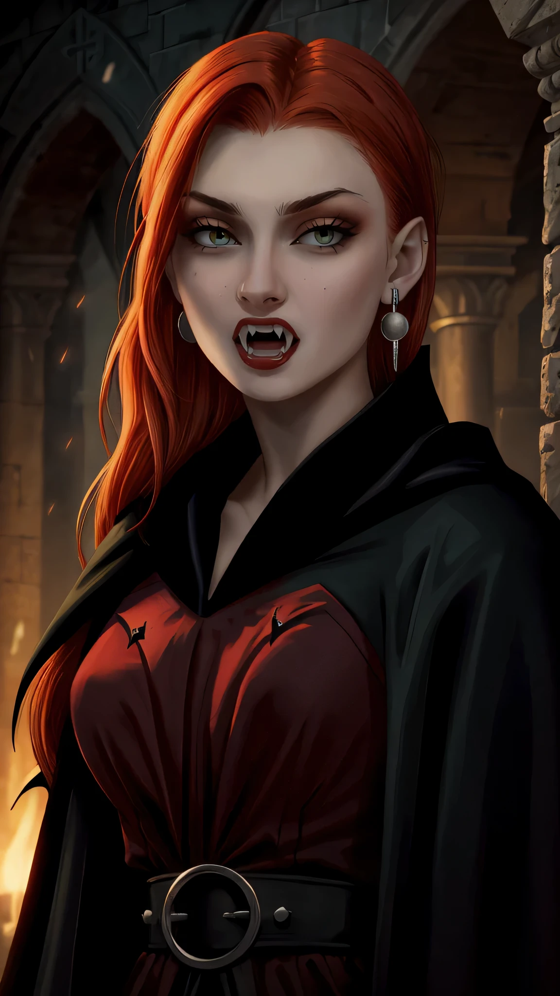 postapocalypse, ((Sophie Turner)) as a vampire, scary, (opened mouth), ((vampire teeth)), ((vampire fangs)), ((blood on face)), pale face, pale skin, ginger hair, earrings, rings, gothic green robe, cleavege, standing in the tomb, 1woman, solo, beautiful detailed glow, detailed, cinematic light, intricate detail, realistic, highres, detailed facial features, high detail, sharp focus, smooth, aesthetic, extremely detailed, stamp, octane render