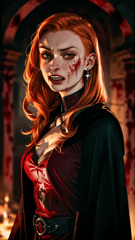 postapocalypse, ((Sophie Turner)) as a vampire, scary, (opened mouth), ((showing vampire teeth)), ((blood on face)), pale face, ...