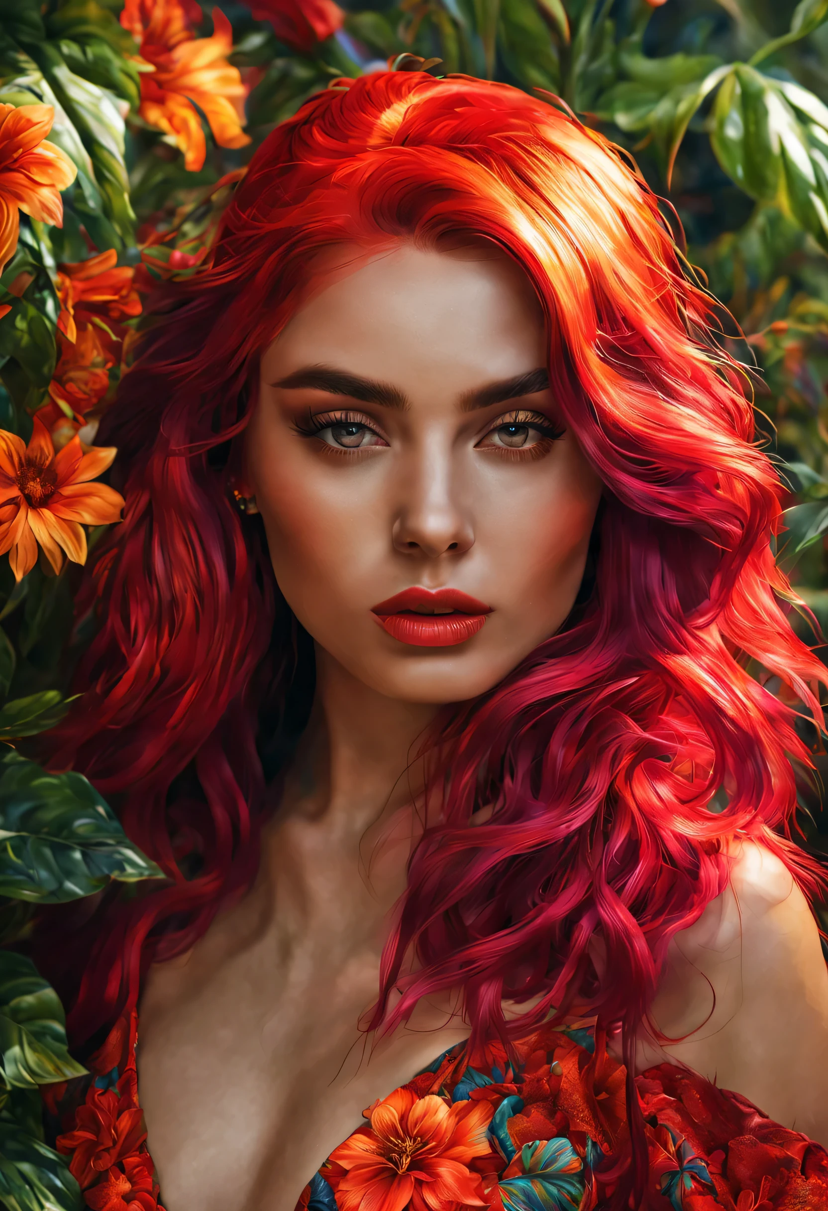 A woman with red hair and bright red flowers in her hair - SeaArt AI