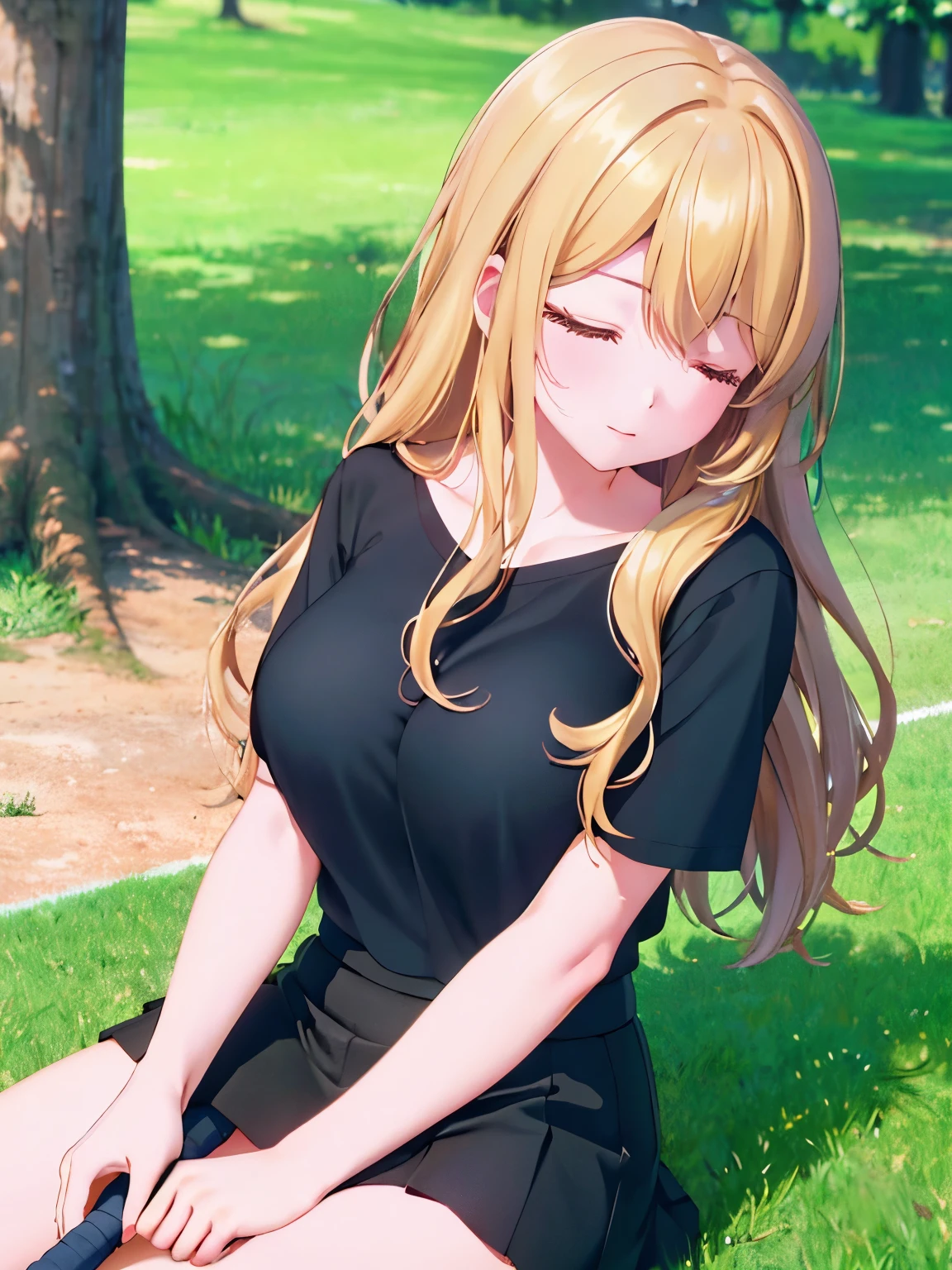 Anime girl sitting on a bench in a park with a baseball bat SeaArt AI